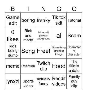 YouTube shorts Bingo Card