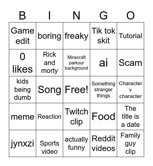 YouTube shorts Bingo Card