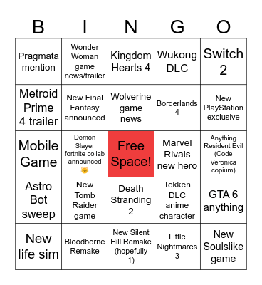 The Game Awards Announcements Bingo Card
