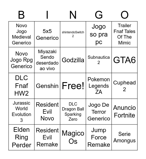 Game Awards Bingo Card