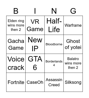 Game Awards Bingo Card
