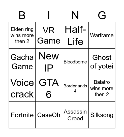 Game Awards Bingo Card