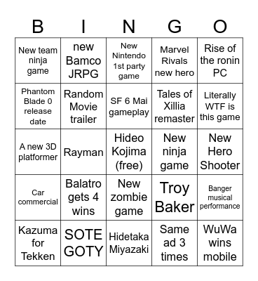 TGA 2024 Bingo Card