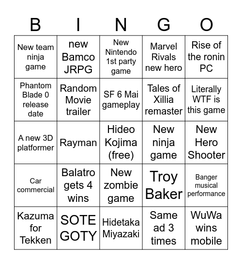 TGA 2024 Bingo Card