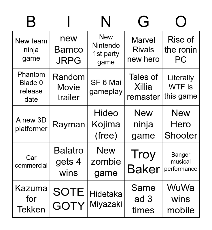 TGA 2024 Bingo Card