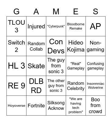 Games Award 2024 Bingo Card