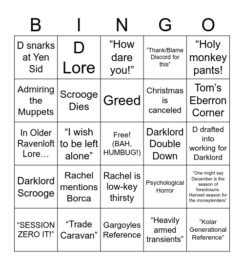 WWoDL: Christmas Carol Bingo Card