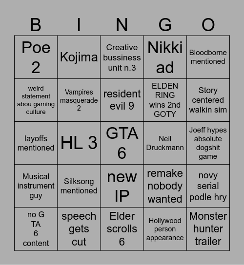 GOTY 2024 Bingo Card