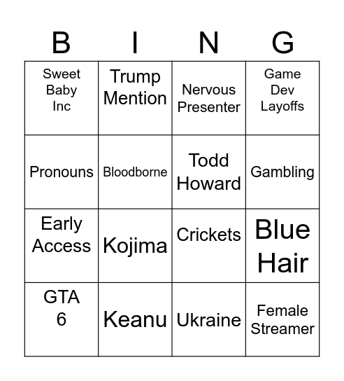 Video Game Awards 2024 Bingo Card