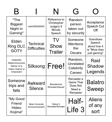 The Game Awards Bingo Card