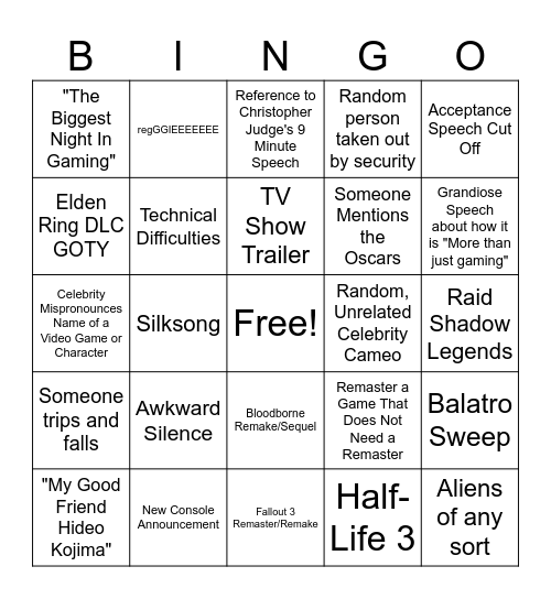 The Game Awards Bingo Card