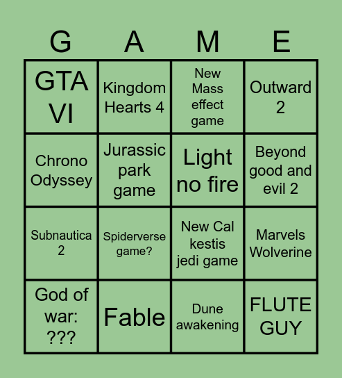 The Game Awards Bingo Card