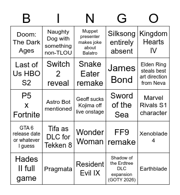 Game a-Snored Bingo Card