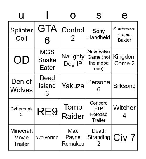 Game Award Games Bingo Card