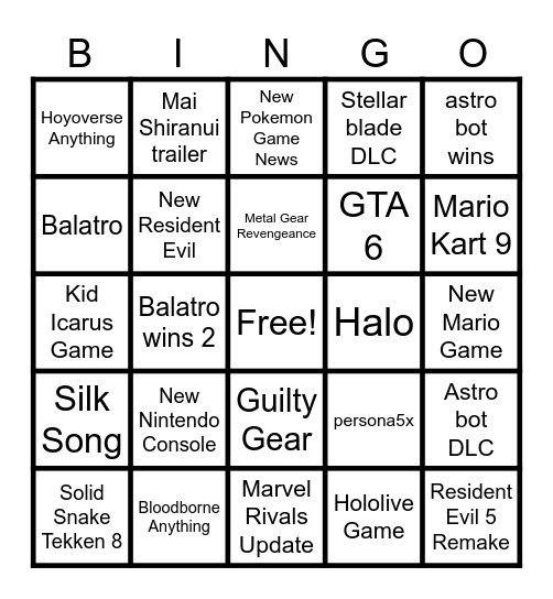 Game Awards 2024 Bingo Card