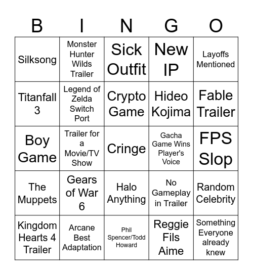 Game Awards 2024 Bingo Card