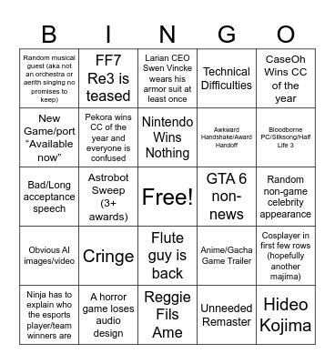 Game Awards 2024 Bingo Card