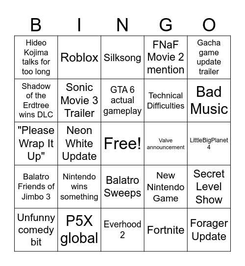 TGA 2024 Bingo Card