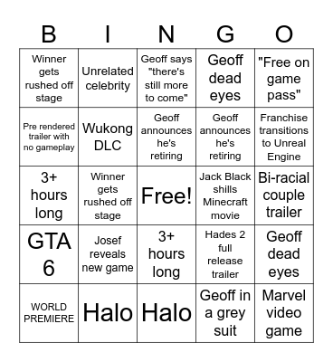 YAYO GAMER AWARDs Bingo Card