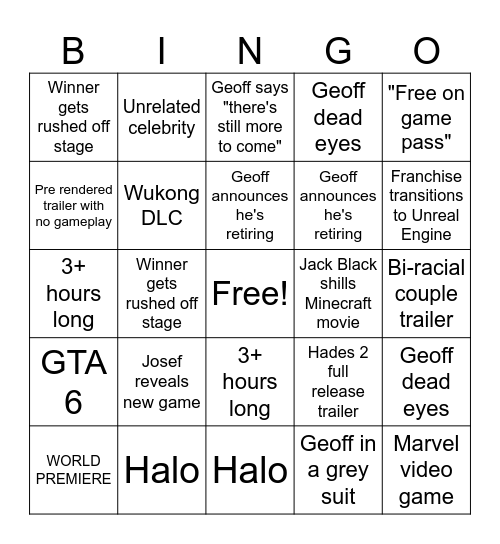 YAYO GAMER AWARDs Bingo Card