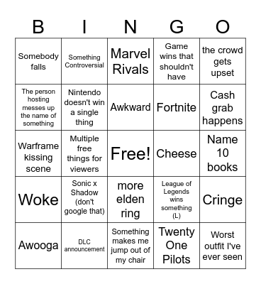 Game Awards Bingo Card