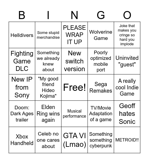 Game Awards 2024 Bingo Card