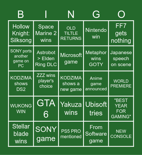 TGA 2024 Bingo Card