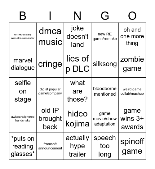 Game Awards 2024 Bingo Card