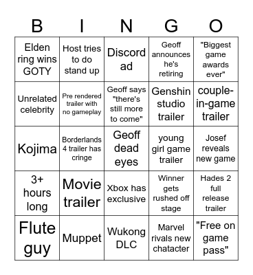 Game Awards Bingo Card