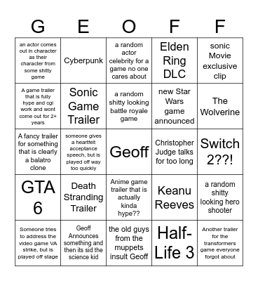 Game Awards 2024 Bingo Card
