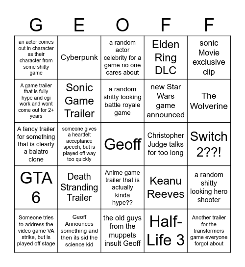 Game Awards 2024 Bingo Card