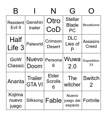 Game Awards Bingo Card