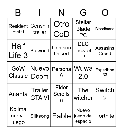 Game Awards Bingo Card