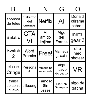 the game awards Bingo Card