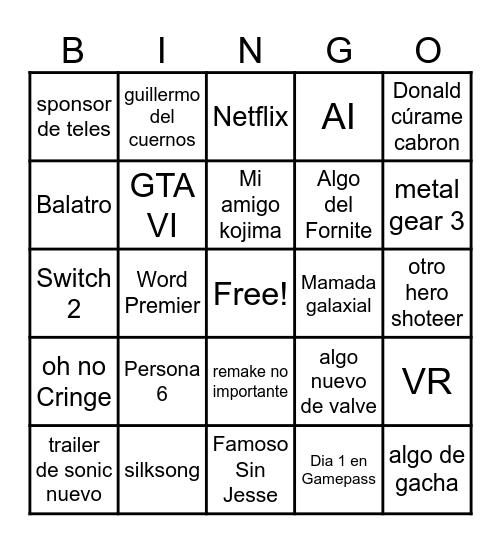 the game awards Bingo Card