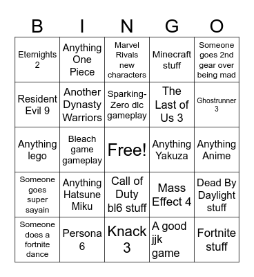 2024 Game Awards Bingo Card