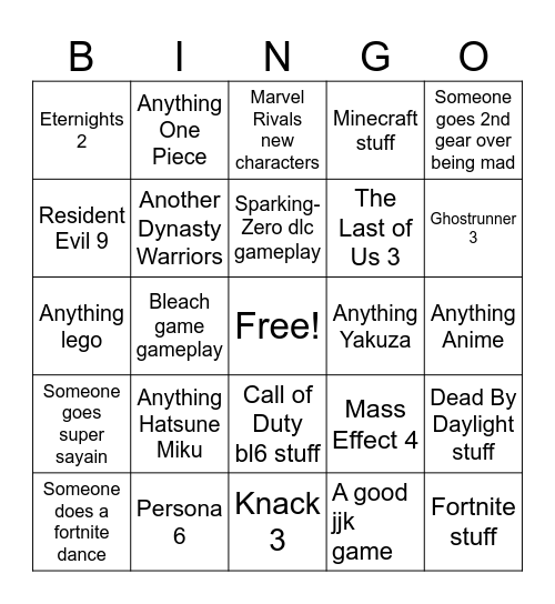 2024 Game Awards Bingo Card