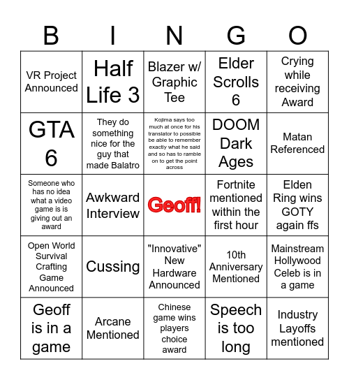 Geoff Bingo 2024 Bingo Card