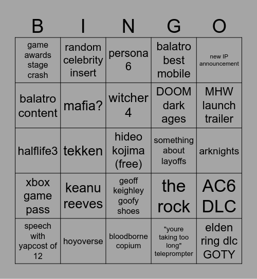 JAME AWARDS 2024 Bingo Card
