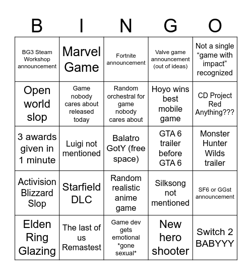 Game of the Year Bingo Card