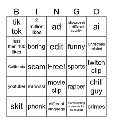 yt shorts bingo Card