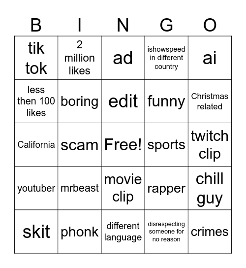 yt shorts bingo Card