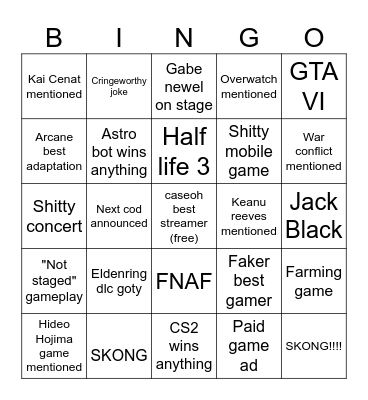 the game awards Bingo Card