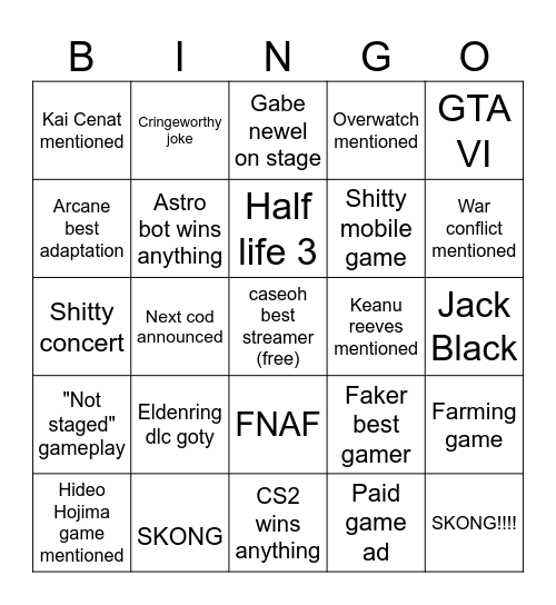 the game awards Bingo Card