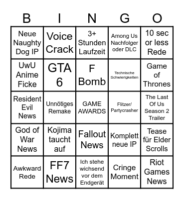 Game Awards 2024 Bingo Card
