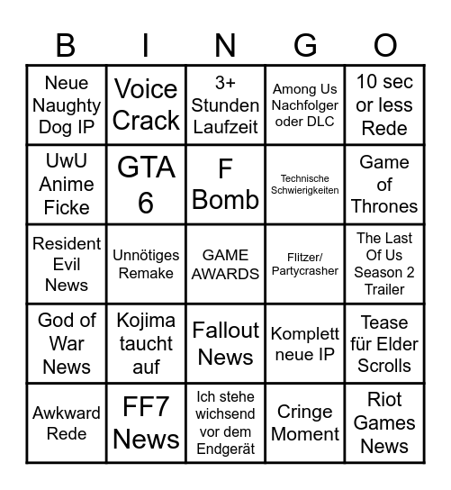 Game Awards 2024 Bingo Card