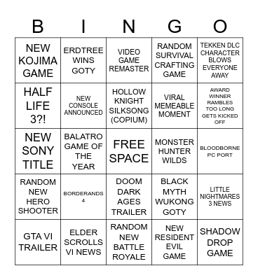 GAME AWARDS 2024 BINGO Card