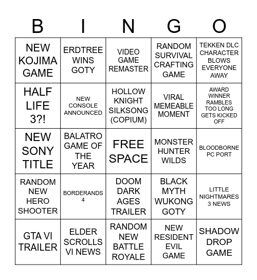 GAME AWARDS 2024 BINGO Card