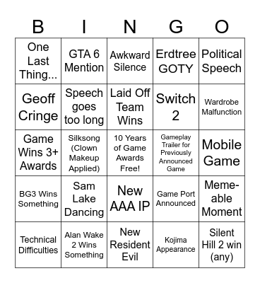 THE GAME AWARDS BINGO Card