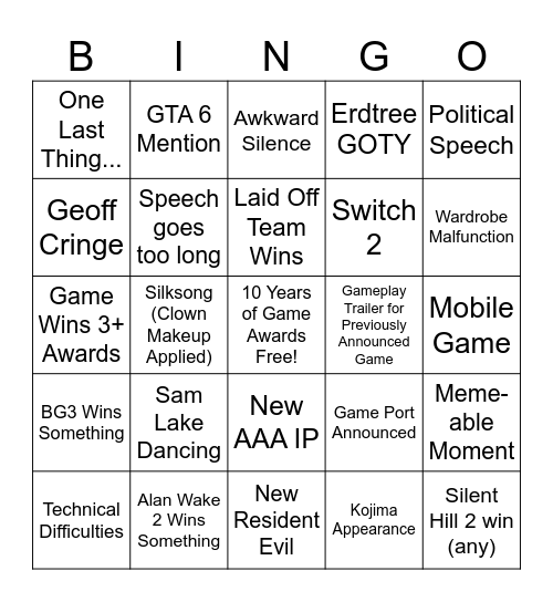 THE GAME AWARDS BINGO Card